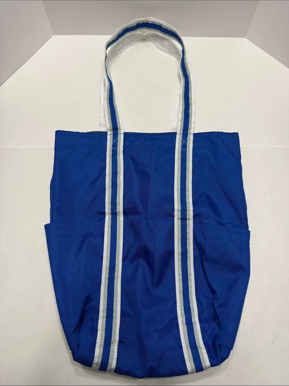 Bright Blue Striped Canvas Tote with Contrasting Trim